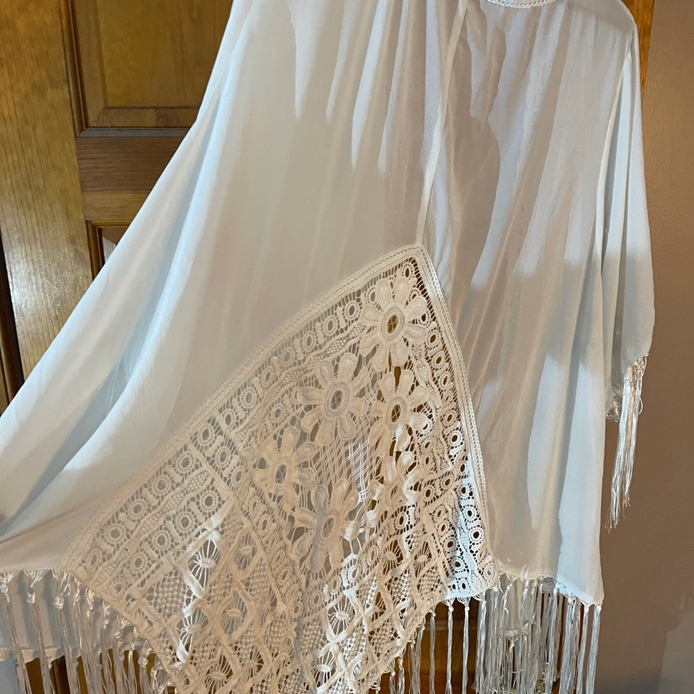 Torrid kimono with floral embroidery and fringe